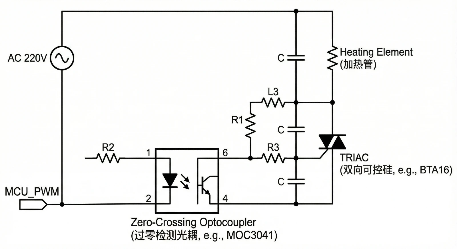 过零检测可控硅加热控制电路原理图-光耦隔离与双向可控硅驱动设计