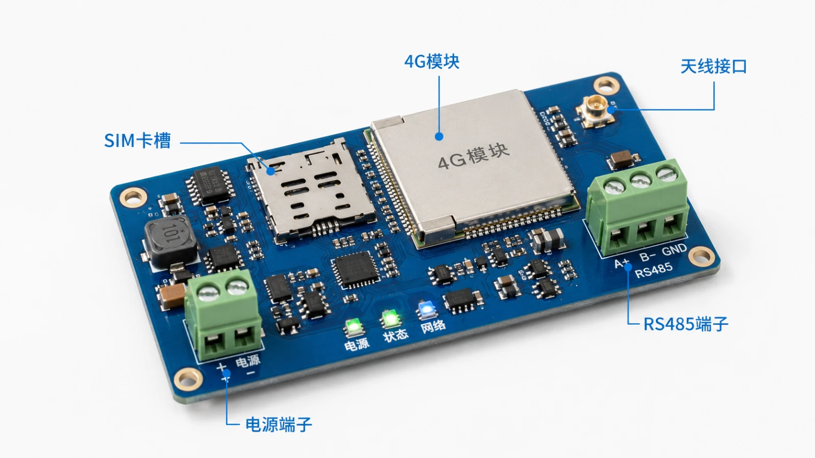 4G网关控制模块-RS485接口与合宙4G模组电路板结构示意