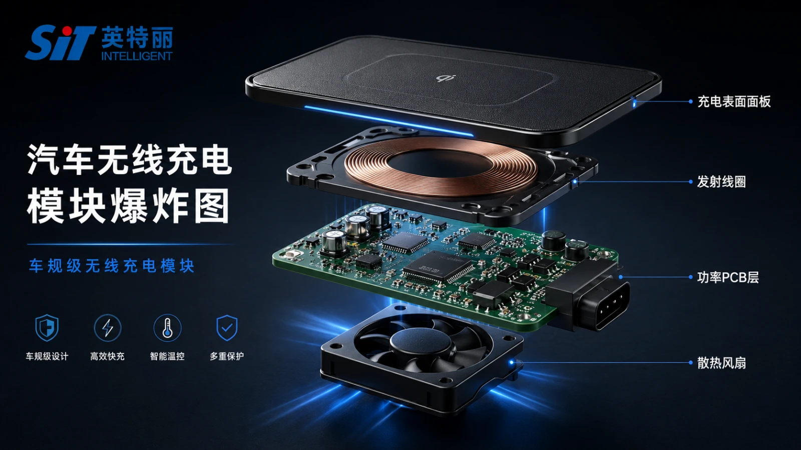 车载50W无线快充模块-线圈功率板与PWM温控风扇结构分解示意