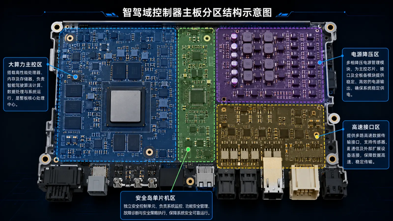 智驾域控制器PCBA代工_车规域控硬件制造商-山西英特丽电子(图1) 智驾域控制器PCBA-大算力SoC与车规MCU异构主板分区结构示意图