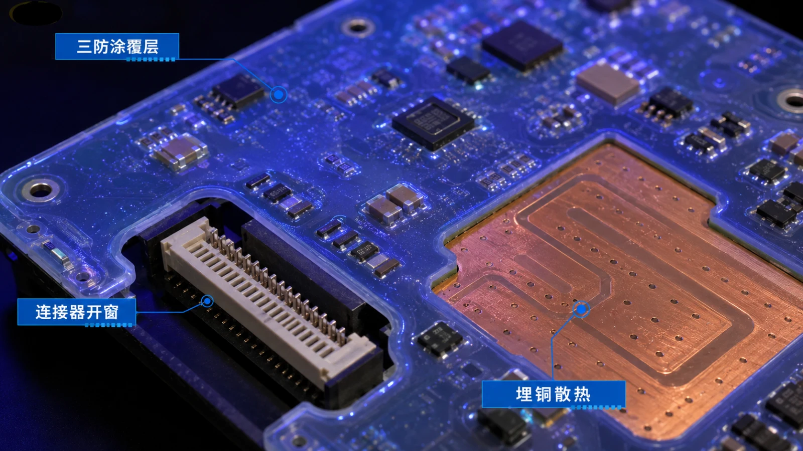 智驾域控制器PCBA代工_车规域控硬件制造商-山西英特丽电子(图3) 车规PCBA三防涂覆-IPC-A-610 Class 3覆盖与埋铜散热工艺细节图