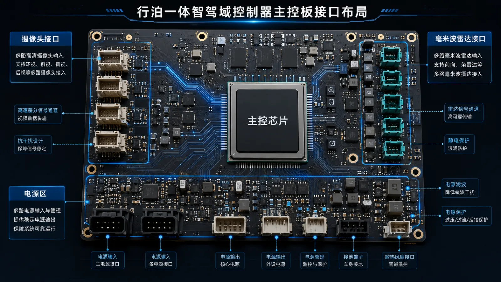 行泊一体智驾域控制器-单SoC主控板与摄像头毫米波雷达接口布局示意图