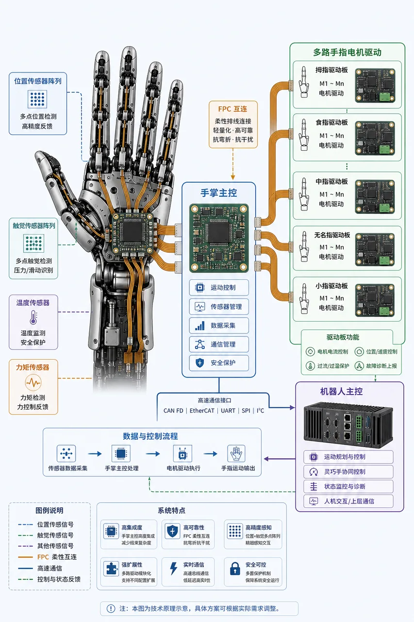 人形机器人灵巧手控制板PCBA代工-多指驱动触觉采集FPC与主控架构