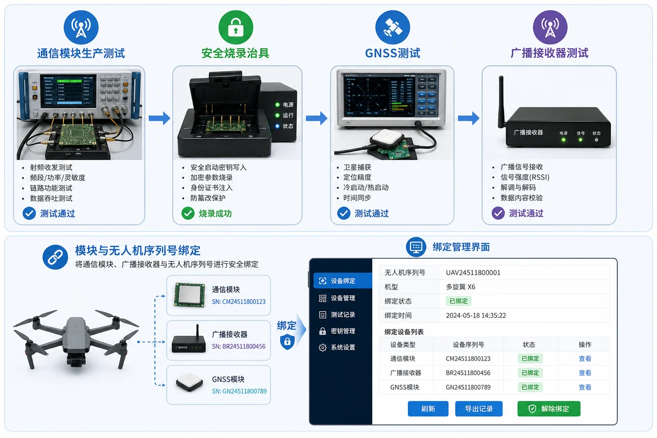 无人机运行识别模块量产测试-唯一标识安全写入GNSS通信与绑定