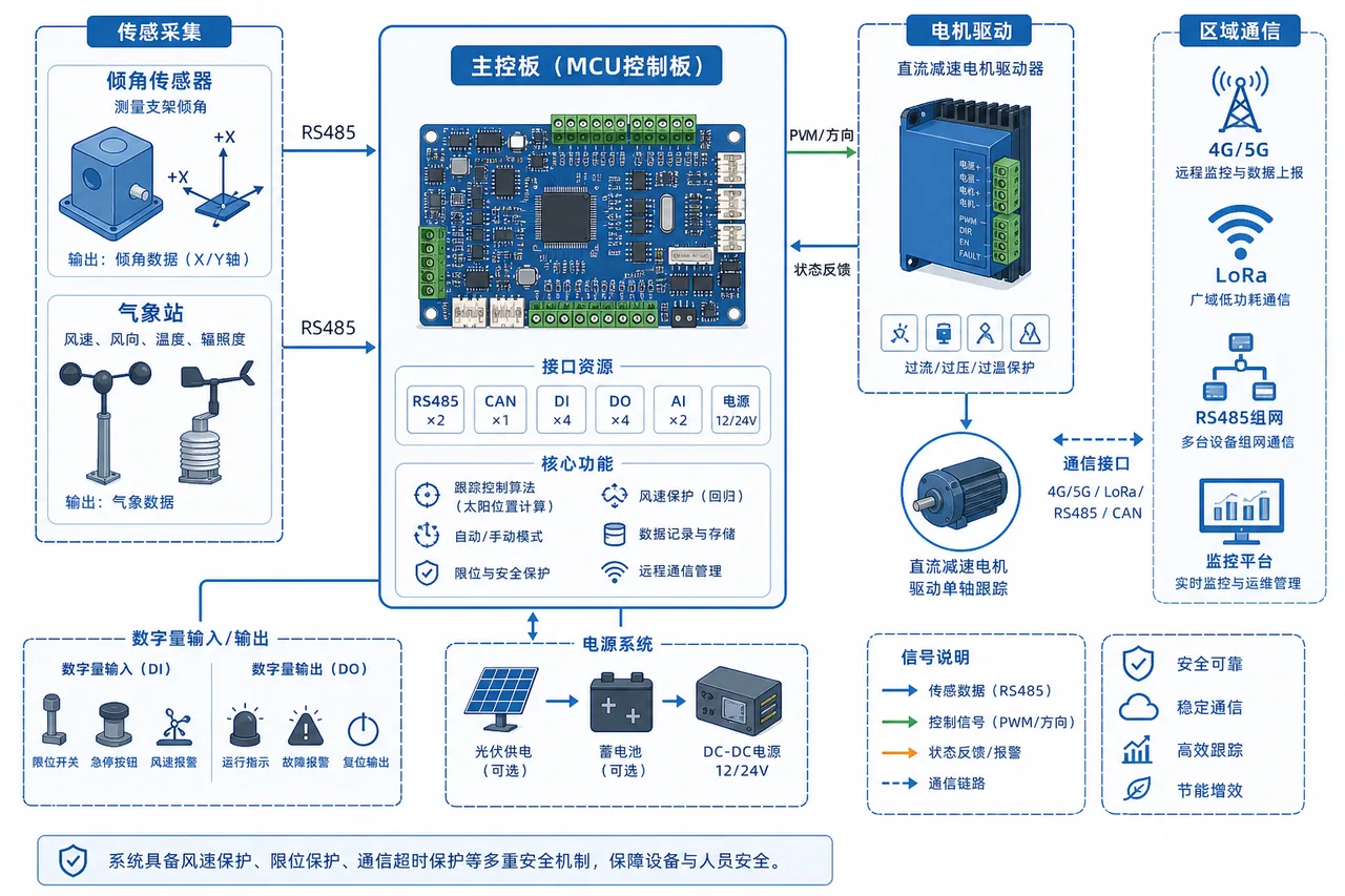 光伏跟踪器控制器PCBA代工_驱动采集与风保护板EMS制造商-山西英特丽电子(图1) 光伏跟踪器控制板PCBA代工-电机驱动倾角采集风速联动架构