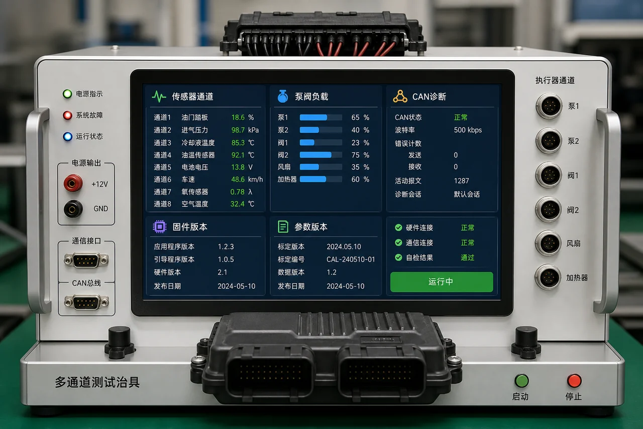 新能源汽车热管理控制器PCBA代工_泵阀风机集中控制板制造商-山西英特丽电子(图2) 热管理ECU多通道FCT-传感模拟阀泵负载CAN诊断与参数烧录