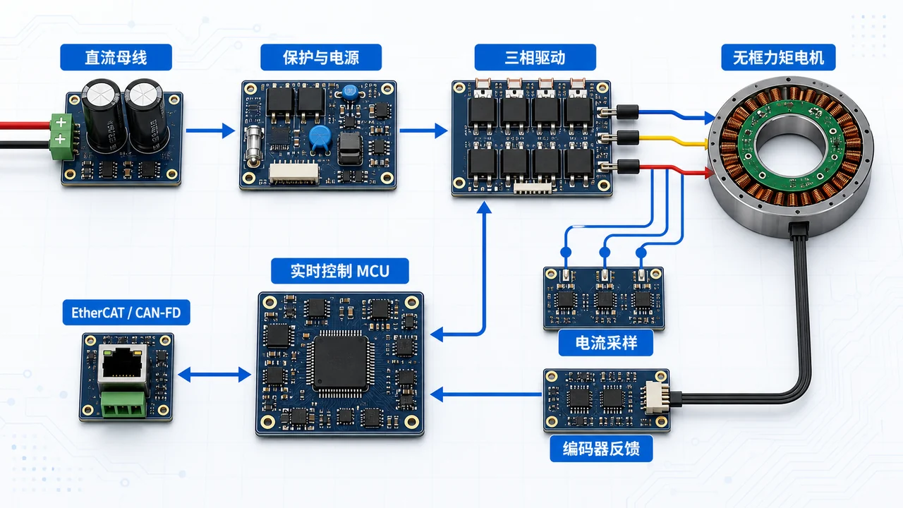 人形机器人关节驱动器PCBA-功率级电流采样编码器与EtherCAT架构
