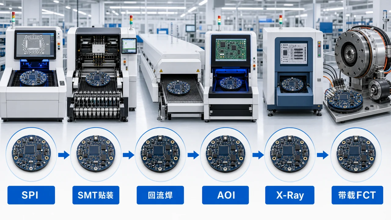 机器人关节伺服驱动板PCBA-SPI AOI X-Ray与带载FCT检测流程