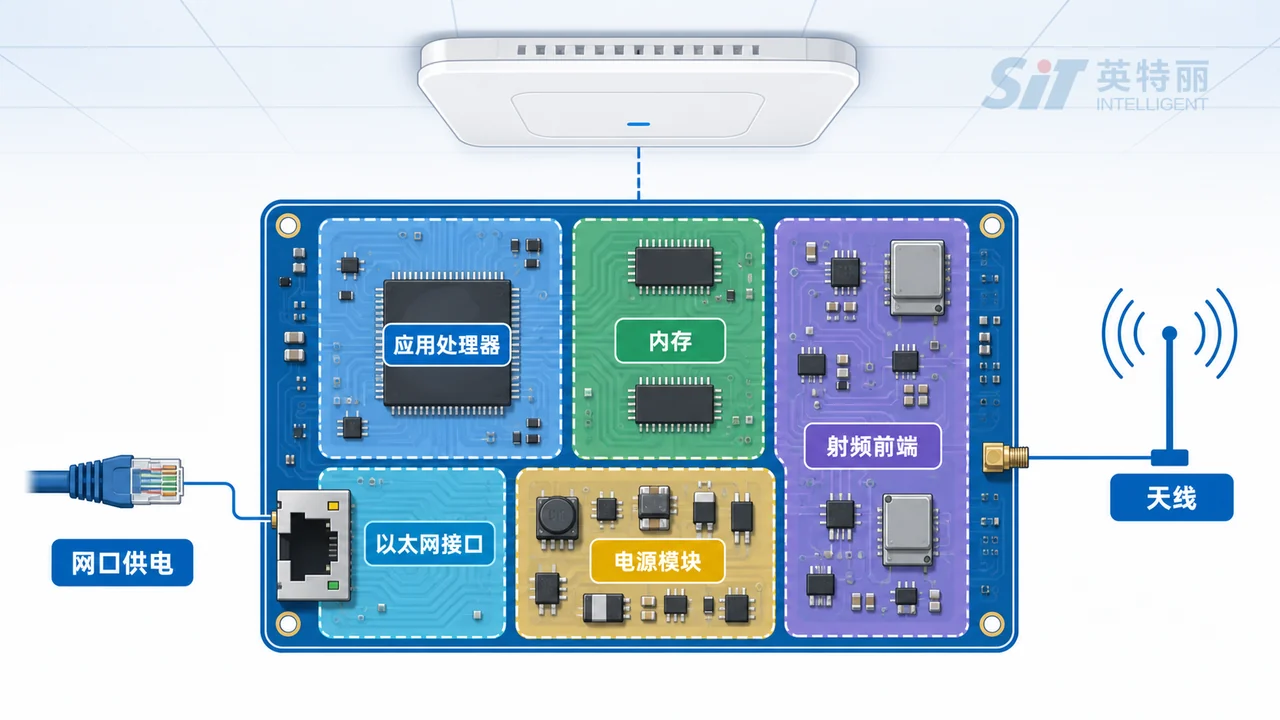 电子价签基站主板PCBA代工_ESL接入点AP板卡制造商-山西英特丽电子(图1) 电子价签基站AP主板架构-应用处理器射频子系统以太网PoE供电与天线接口