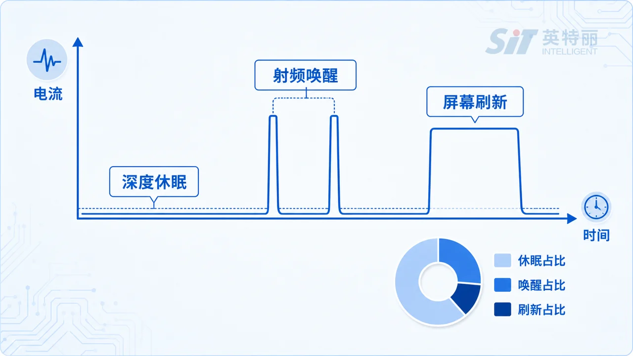 电子价签功耗预算曲线-深度休眠射频唤醒与屏幕刷新三段电流占比示意