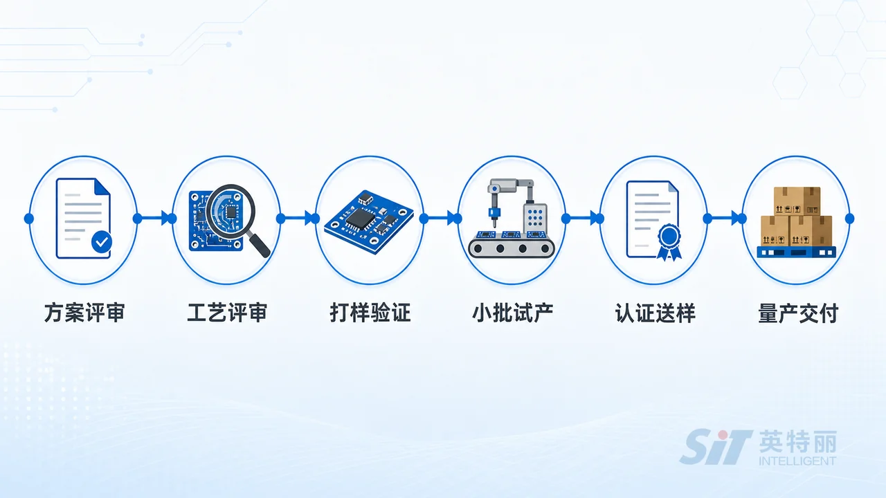 电子货架标签硬件方案选型_ESL电子价签硬件代工厂-山西英特丽电子(图2) 电子价签选型到量产流程-方案评审DFM打样小批试产认证配置冻结与分批交付