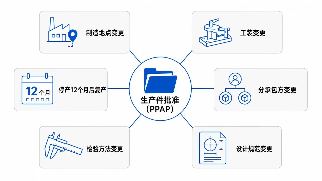 汽车电子PPAP重新提交触发条件示意图-制造地点变更与工装变更及停产12个月复产