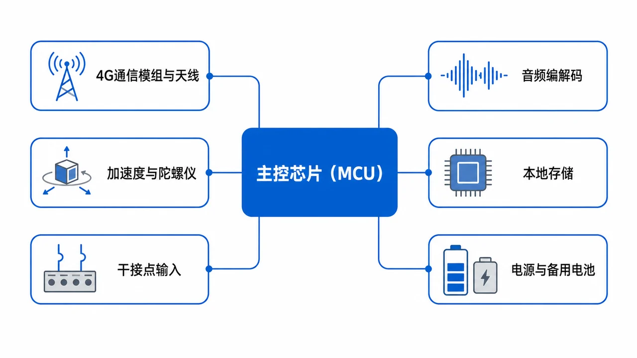 电梯物联网监测终端硬件框图-MCU与4G模组加速度传感器干接点采集及备用电池管理