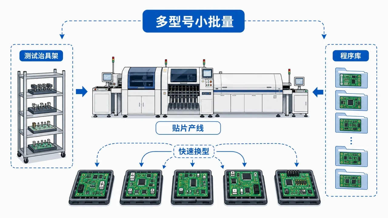 电梯电子多品种小批量代工示意图-老机型备件板卡与换线防错及程序库治具管理