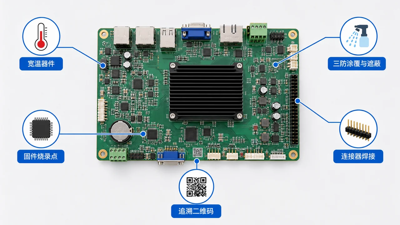 工控主板二供制造工艺检查要点图-宽温器件三防涂覆连接器插拔与固件烧录追溯