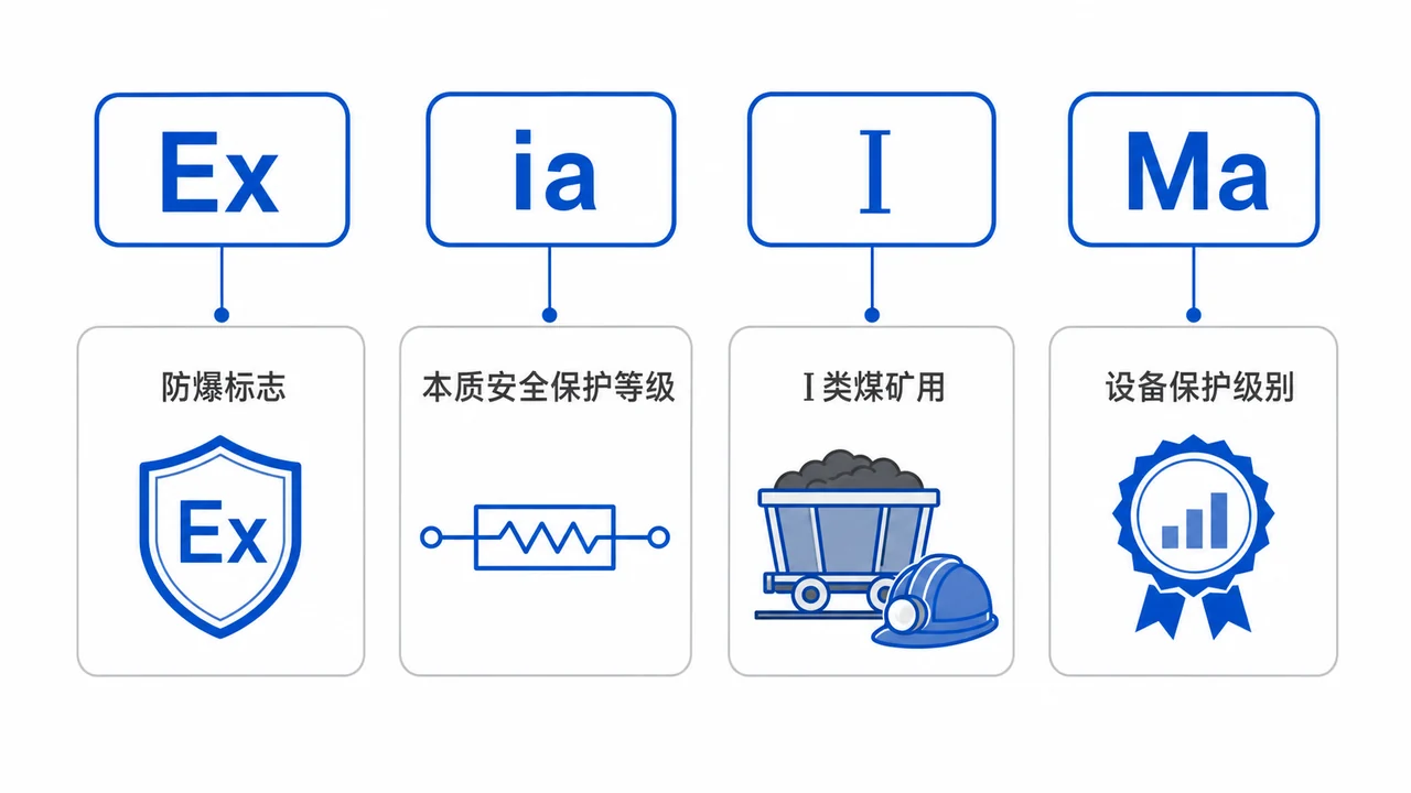矿用防爆标志Ex-ia-I-Ma字段拆解图-本安等级与Ⅰ类煤矿用及设备保护级别对应关系