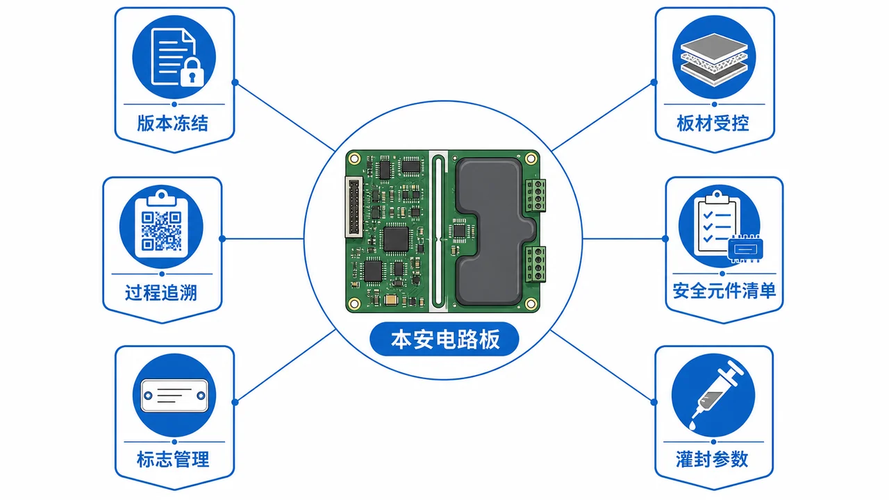 矿用本安电路板量产一致性控制要点图-版本冻结板材受控安全元件清单与灌封参数记录