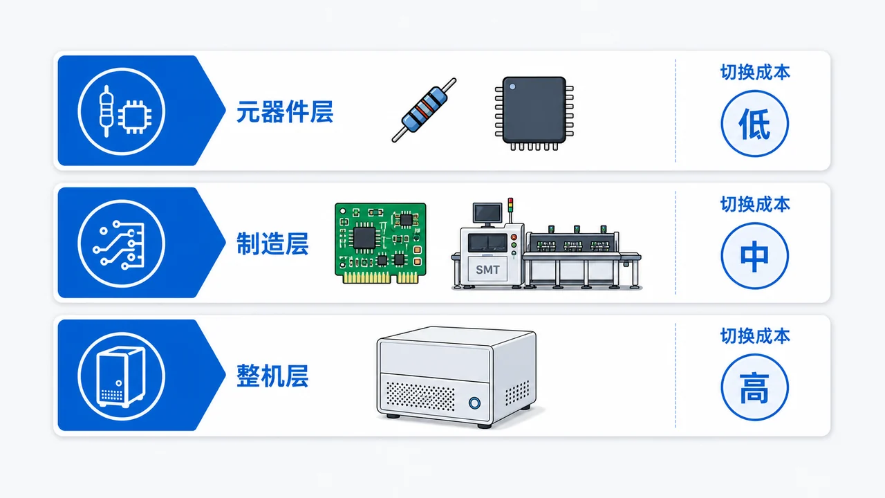 PCBA二供三个层级示意图-元器件AVL替代料与代工厂二供及整机二供的切换成本对比