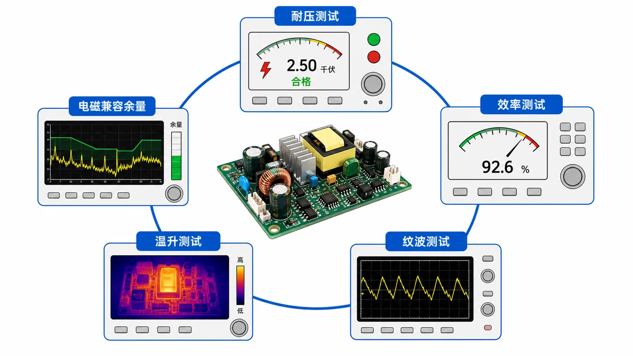 电源PCBA二供验证清单示意图-耐压绝缘能效纹波保护动作点温升与EMC余量比对