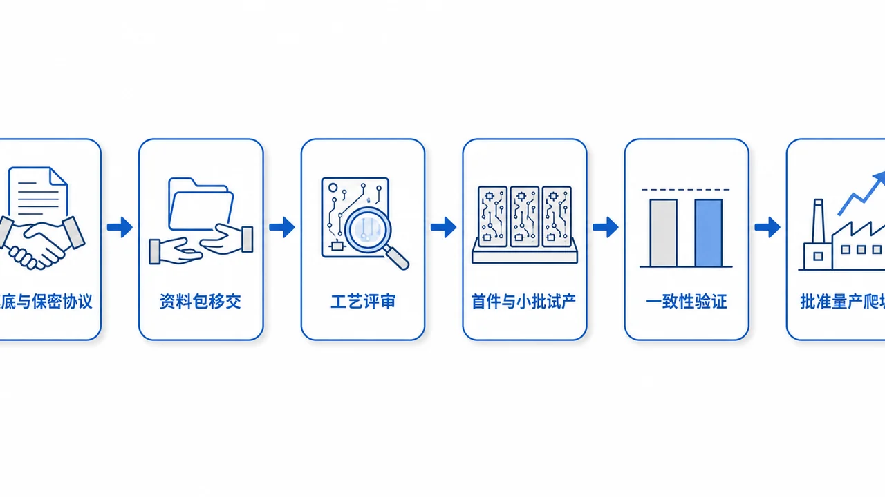 PCBA二供导入六步流程图-从NDA资料包移交到DFM试产一致性验证与量产爬坡