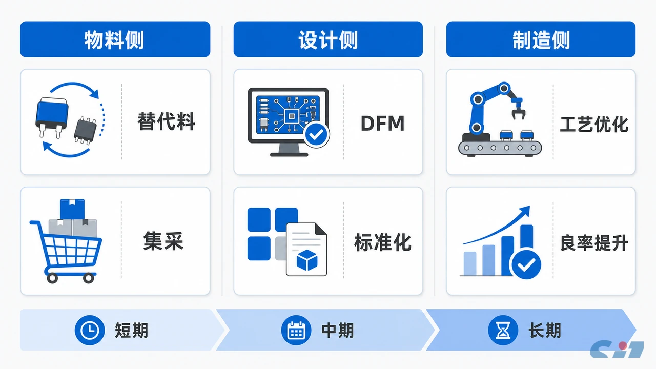 PCBA量产降本抓手全景图-物料设计制造三条线的降本措施与见效周期对照