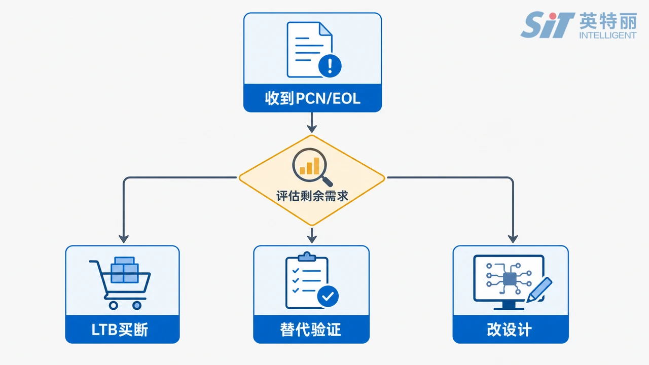元器件停产EOL处理决策流程图-从PCN接收到LTB最后采购或替代料改版的判断路径