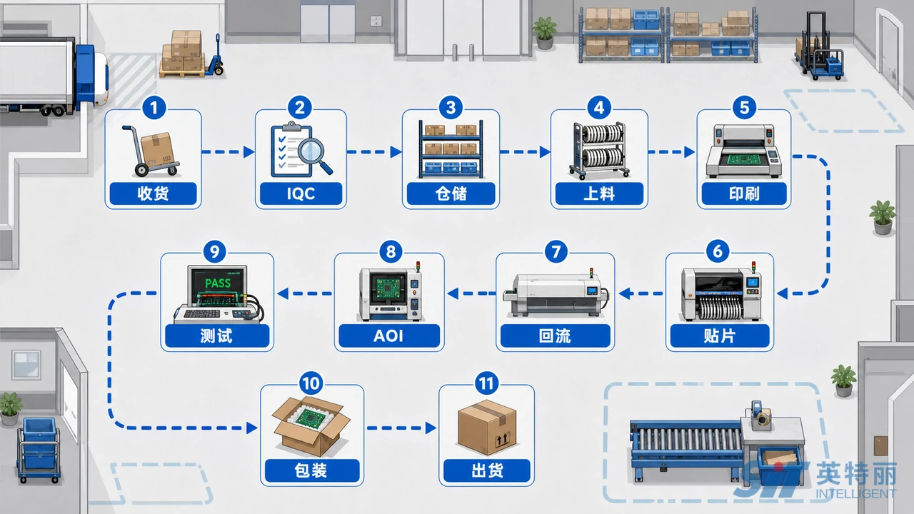 PCBA代工厂审厂现场路线图-从收货IQC仓储上料印刷贴片回流AOI测试到包装出货的物料流走查顺序