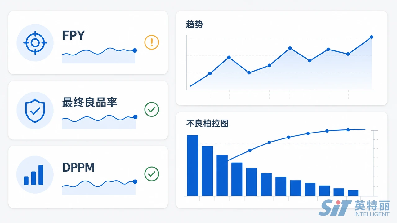 PCBA量产良率监控看板示意图-直通率FPY最终良品率与DPPM三项指标的分层监控关系