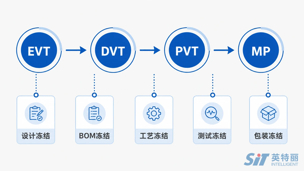 PCBA新产品导入NPI阶段流程图-EVT设计验证DVT可靠性PVT工艺验证到MP量产的冻结节点