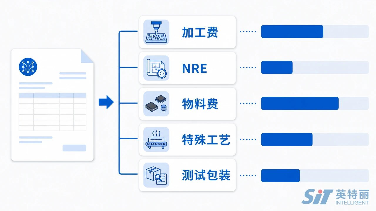 PCBA代工报价单成本结构拆解图-加工费一次性工程费物料费与特殊工艺费占比