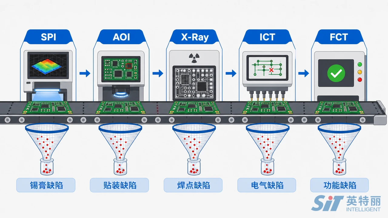 PCBA量产测试策略分层图-SPI锡膏检测AOI光学检测X-Ray与ICT在线测试FCT功能测试的缺陷拦截分工