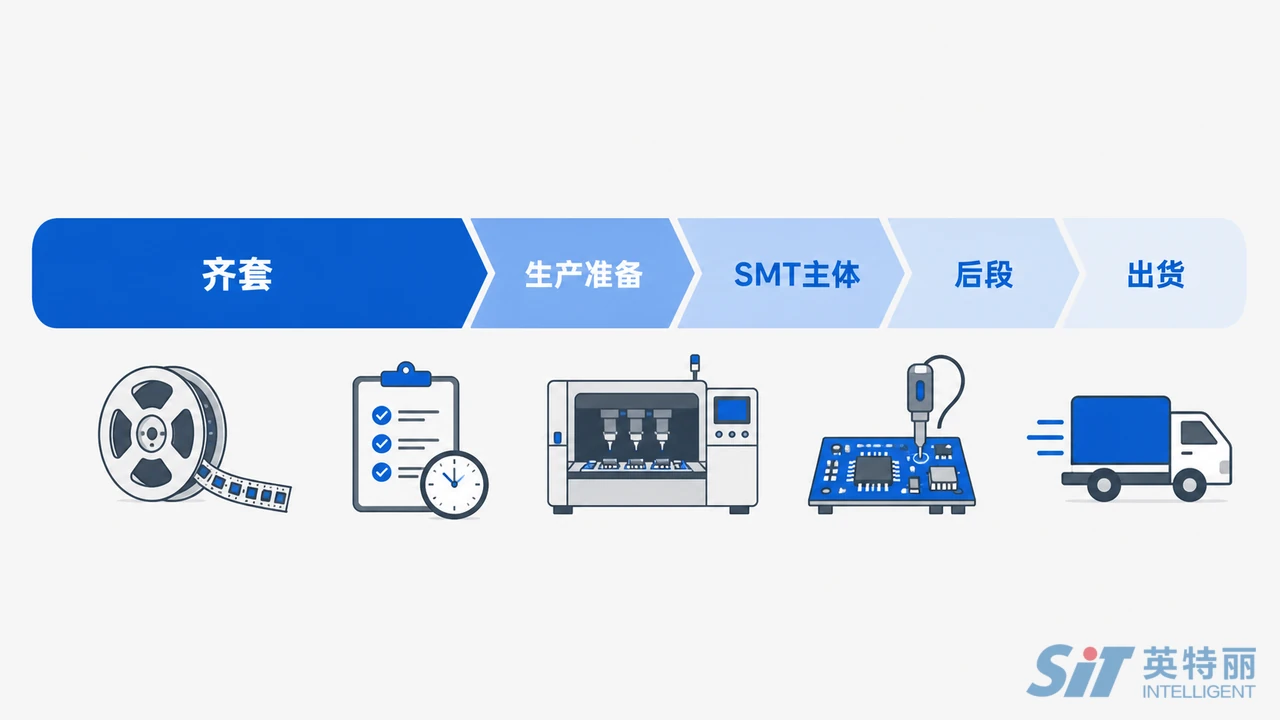SMT产能与交期构成拆解图-从齐套备料到SMT贴片测试组装出货的各段时间占比