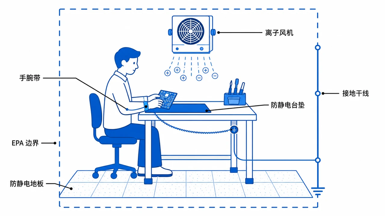 SMT车间静电防护区要素图-手腕带台垫地面离子风机与接地干线的组成