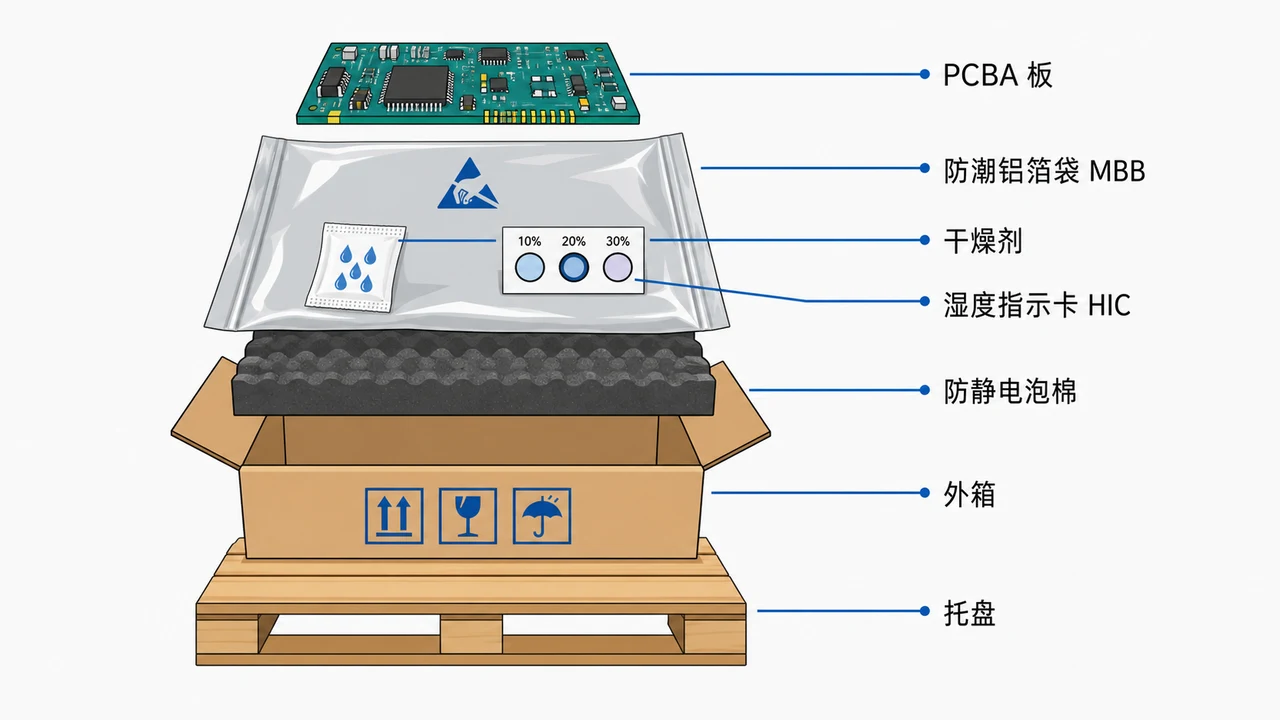 PCBA防潮与防静电包装剖面图-铝箔袋内干燥剂湿度指示卡与外箱托盘的层级结构