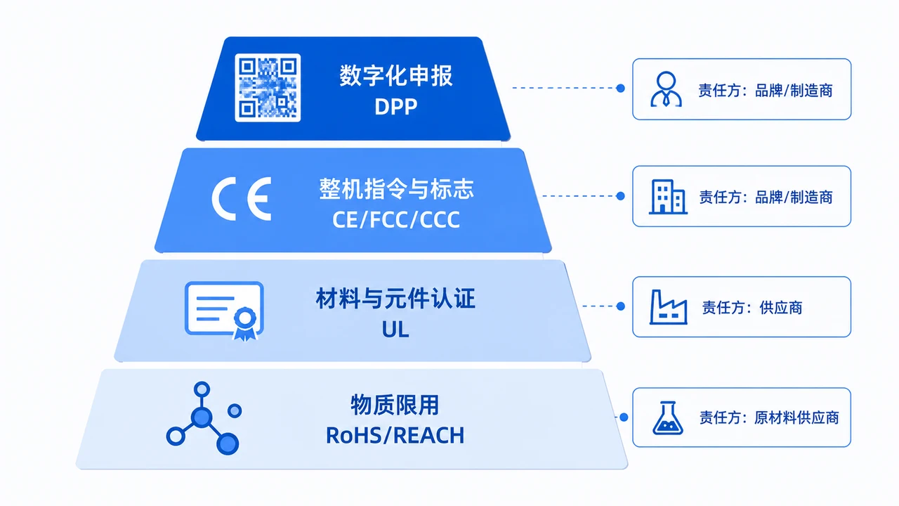 PCBA出口合规四层结构图-物质限用与材料认证整机指令及数字产品护照的责任分层