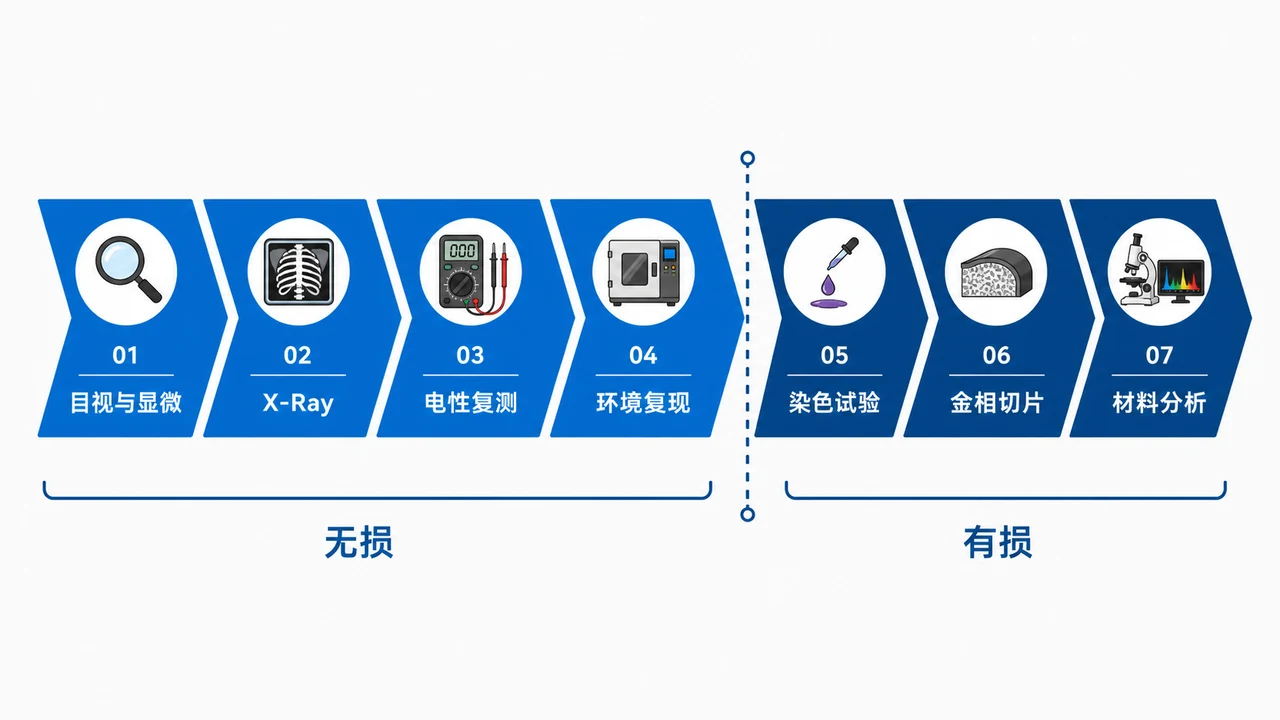 PCBA失效分析顺序图-从无损检测到有损剖析的七步分析流程