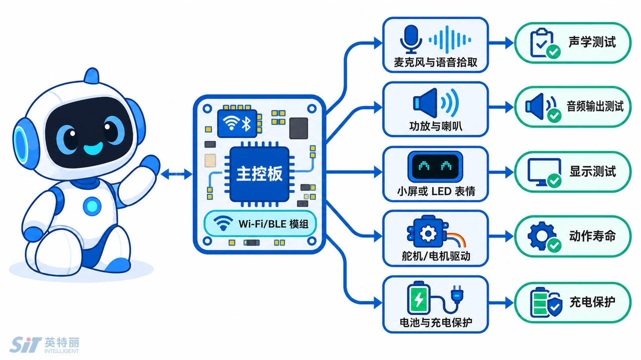 AI陪伴玩具PCBA系统构成示意图-主控模组麦克风功放舵机驱动与电池管理的连接关系