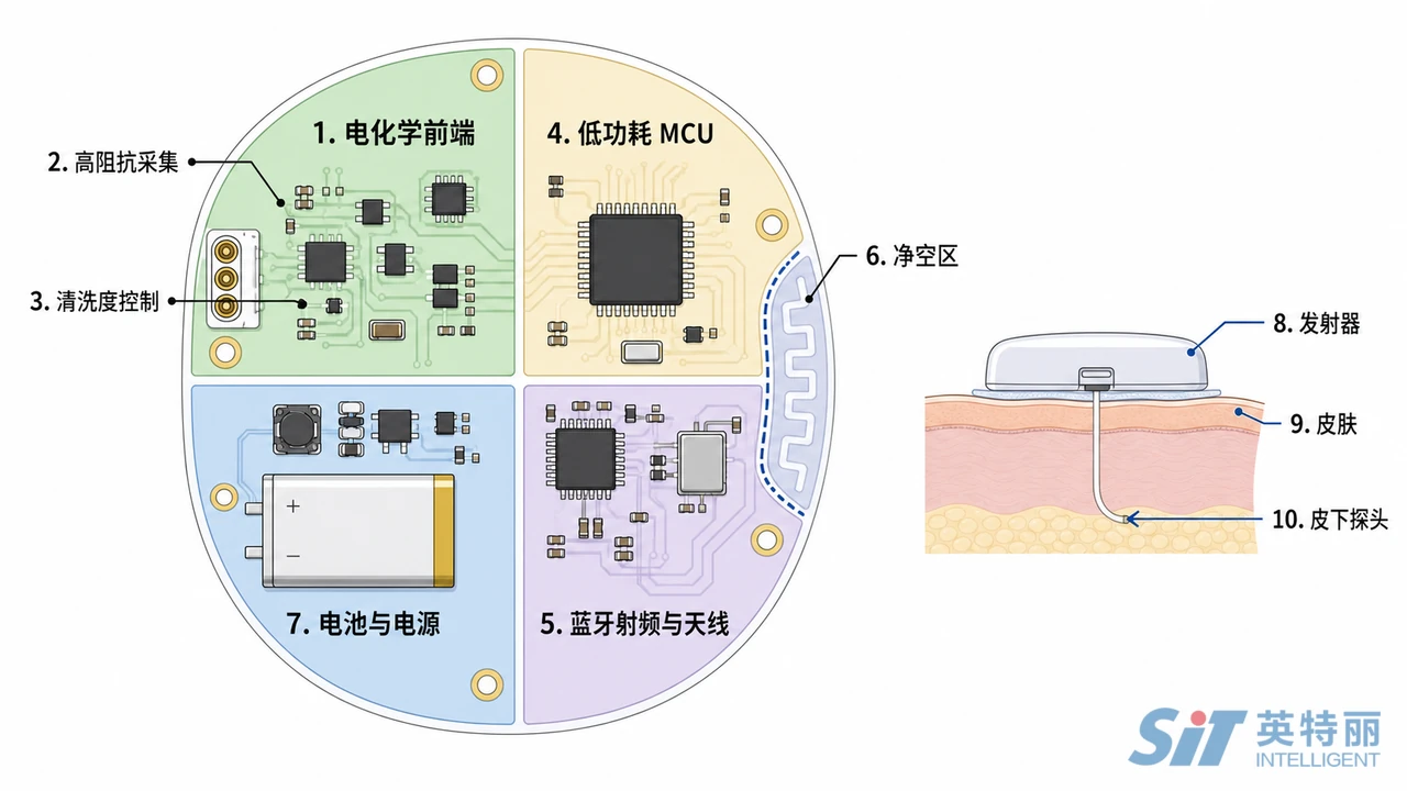 CGM动态血糖仪发射器PCBA结构示意图-电化学前端放大低功耗MCU蓝牙与电池在微型异形板上的分区