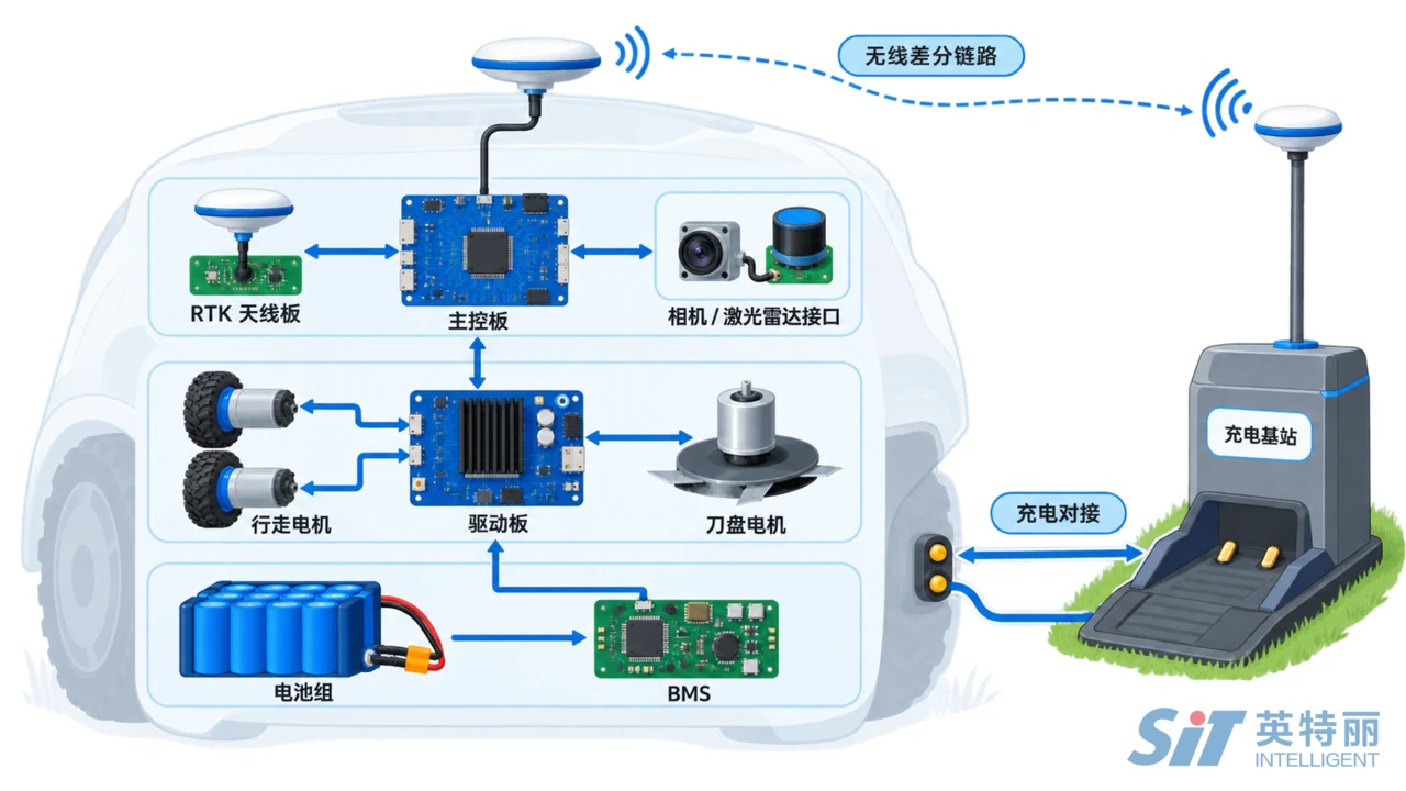 割草机器人PCBA系统构成示意图-主控板驱动板RTK天线板电池BMS与充电基站的连接关系