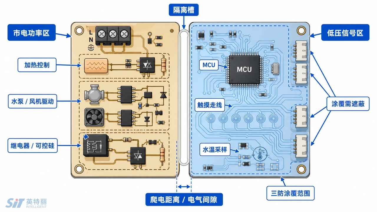 智能马桶控制板强弱电分区示意图-加热与水泵功率区触摸信号区隔离槽与三防涂覆范围