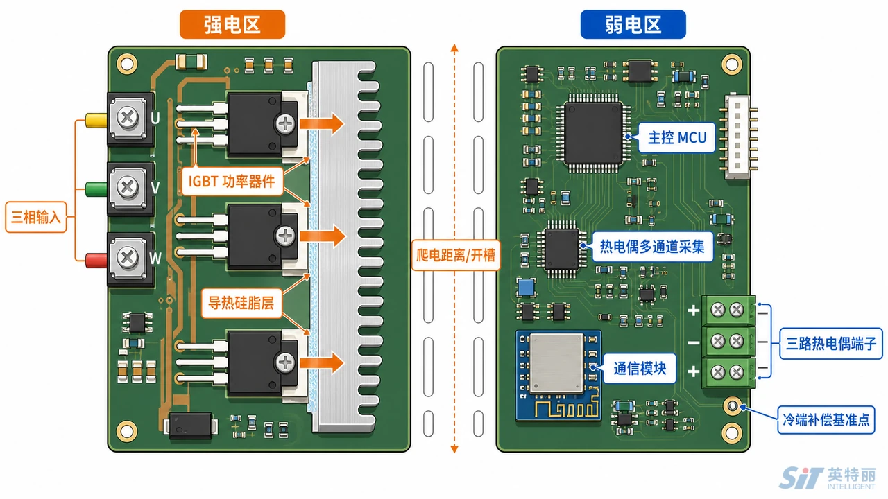 商用厨电控制板PCBA构成示意图-功率板主控板温度采集板人机界面板与通信板的分区与散热路径
