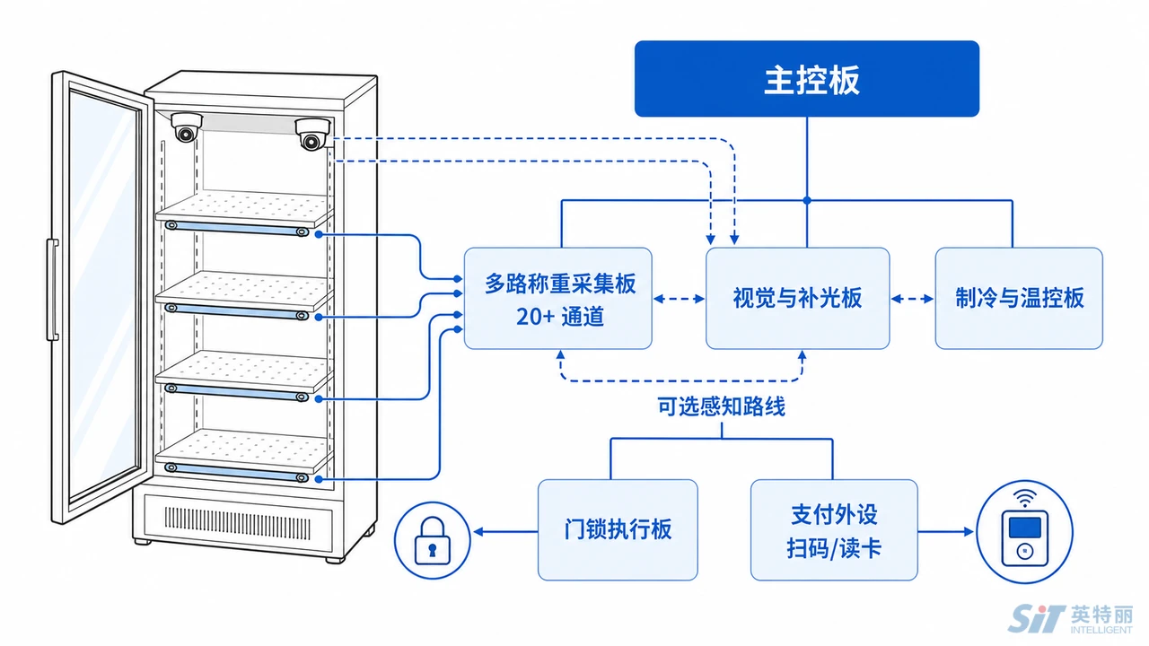 智能售货机与智能柜PCBA系统架构示意图-主控板称重采集板视觉补光板制冷温控板与支付外设的连接关系