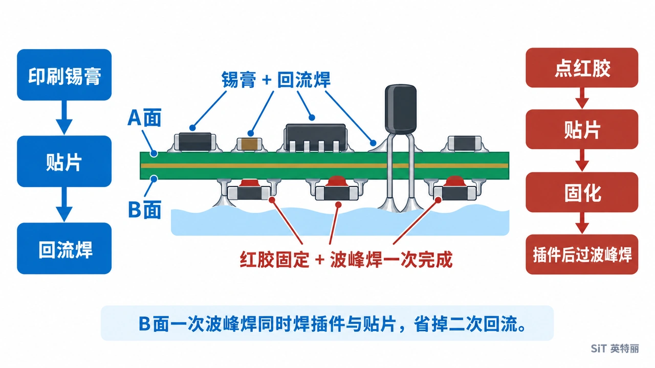 PCBA回流焊红胶工艺与锡膏工艺制程的区别?(图2) PCBA双面混装工艺路线示意图-A面锡膏回流焊与B面红胶固化插件波峰焊的板面布局与过炉顺序
