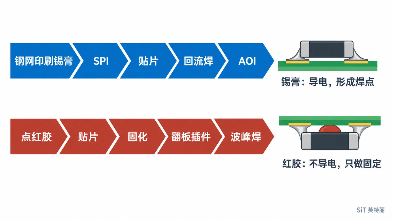 PCBA回流焊红胶工艺与锡膏工艺制程的区别?(图1) 锡膏工艺与红胶工艺流程对比图-锡膏印刷贴片回流焊与点红胶贴片固化插件波峰焊两条产线路径