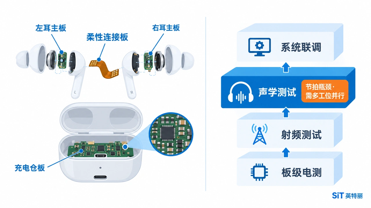 TWS耳机PCBA代工怎么做_微型板01005贴装刚挠结合与声学射频产测-山西英特丽电子(图1) TWS耳机三块板卡与产测分层示意图-左右耳机主板柔性连接板充电仓板与板级电测射频声学系统联调四层测试