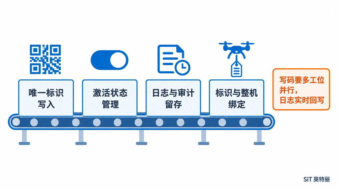 无人机航电PCBA代工怎么做_新国标一机一码写入激活与产线日志留痕-山西英特丽电子(图1) 无人机一机一码产线工位示意图-唯一标识写入激活状态管理日志审计留存与标识整机绑定四个工位