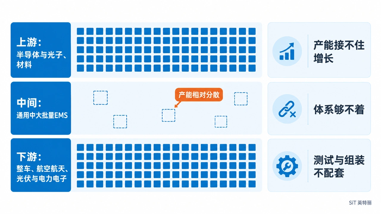 西安SMT贴片加工与PCBA量产外发怎么选厂_关中产业带跨省交付评估-山西英特丽电子(图1) 西安关中电子产业带PCBA外发结构示意图-上游器件与下游整机密集而中间通用EMS产能分散的三类卡点
