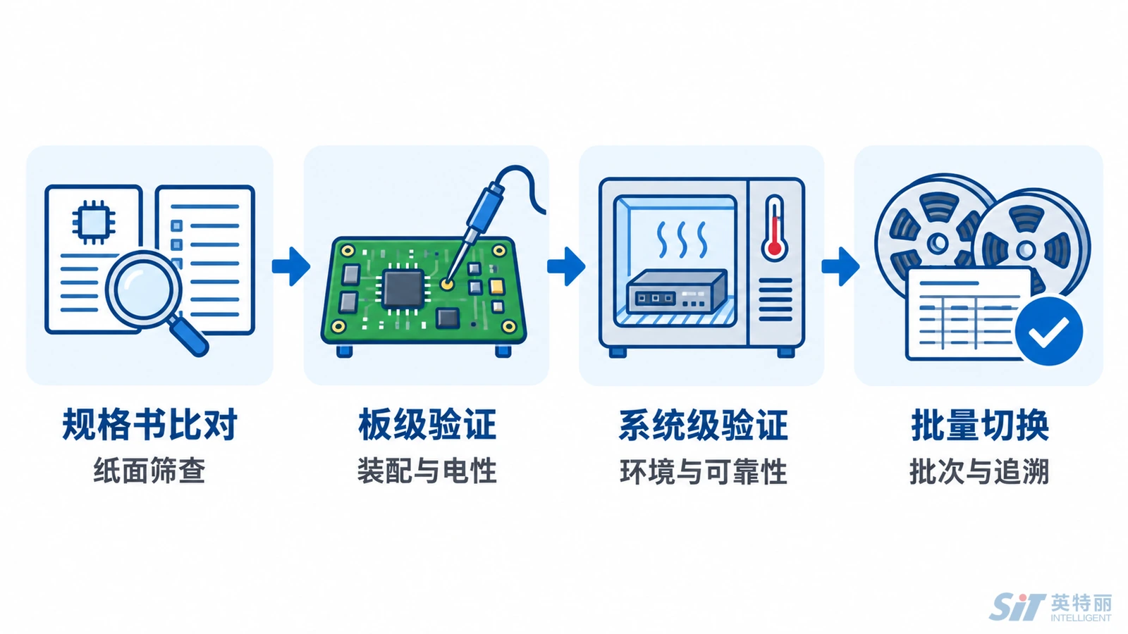 元器件国产替代四层验证流程图-规格书逐项比对与板级验证系统级验证及批量切换管理的漏斗式筛查