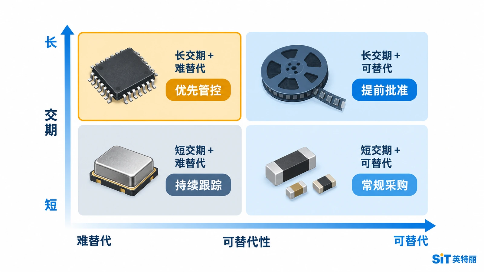 BOM物料分级四象限图-按交期长短与可替代性强弱划分的物料风险管理矩阵
