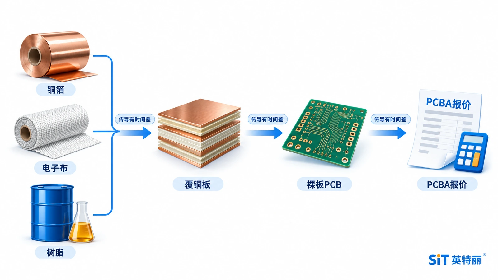 覆铜板涨价传导链示意图-从铜箔电子布树脂到覆铜板再到PCB与PCBA报价的四级传导